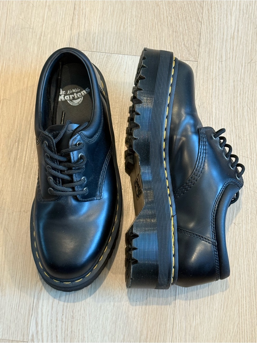 Dr. Martens Women’s Black Leather Shoes with Yellow Stitching